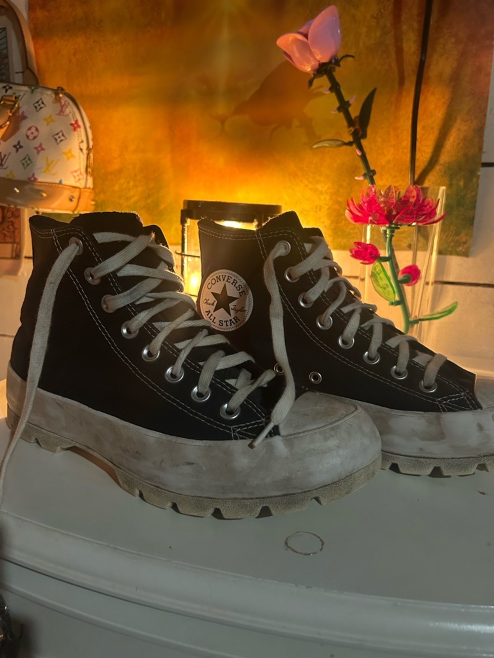 Converse Black Canvas High-Top Platform Sneakers with White Soles